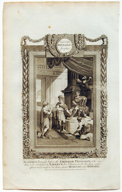 Josephus brought before the Emperor Vespasian, who orders him to be restored to Liberty, his Chains to be broken, and afterwards confers on him great Honours and Reward